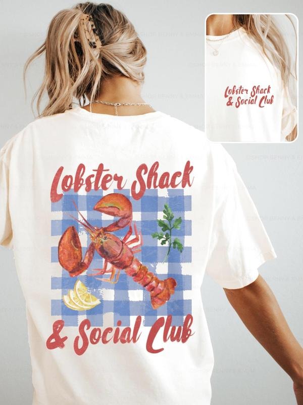 Women's Lobster & Letter Print Round Neck Graphic Tee, Vintage Trendy Casual Short Sleeve T-shirt for Daily Wear, Ladies...