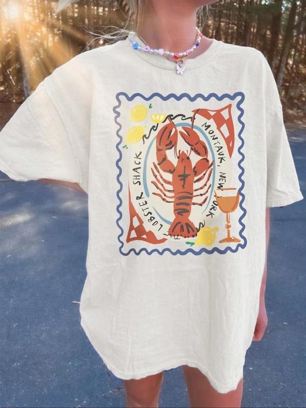 Women's Lobster & Letter Print Round Neck Tee, Casual Graphic Short Sleeve T-Shirt for Summer, Women's Top for Daily Wear...