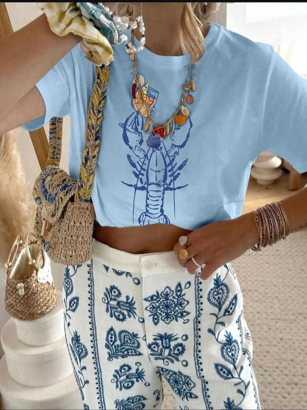 Women's Lobster Print Round Neck Graphic Tee, Vintage Trendy Casual Letter Graphic Short Sleeve T-shirt for Daily Wear,...