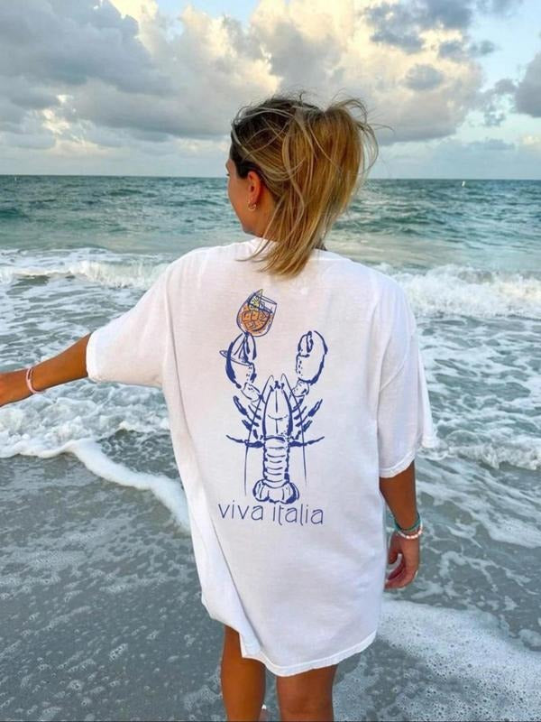 Women's Lobster Print Round Neck Tee, Vintage Trendy Casual Short Sleeve T-shirt for Daily Wear, Ladies Summer Outfit,...