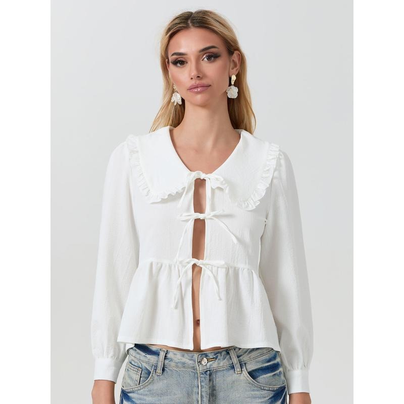 Women's Long Sleeve T-Shirt Casual Loose Front Tie-Up Doll Collar Ruffled Tops for Spring Fall Lady Womenswear Hoodie,...