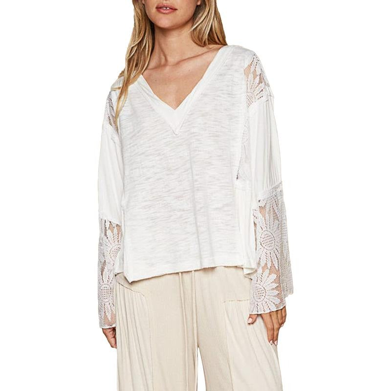 Women's Long Sleeve T-Shirt Sheer Floral Lace Patchwork V-Neck Casual Pullover Tops Hoodie, Sweatshirt | HypeDripTees.com