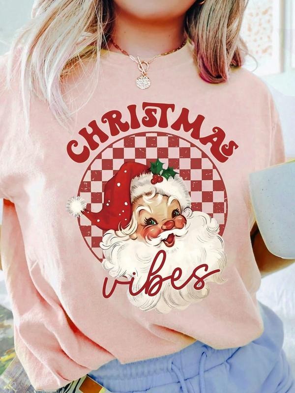 Women's Loose Fit Christmas Santa Letter Print Short Sleeve T-Shirt, Casual Comfy Tee, Perfect for Family Friends...