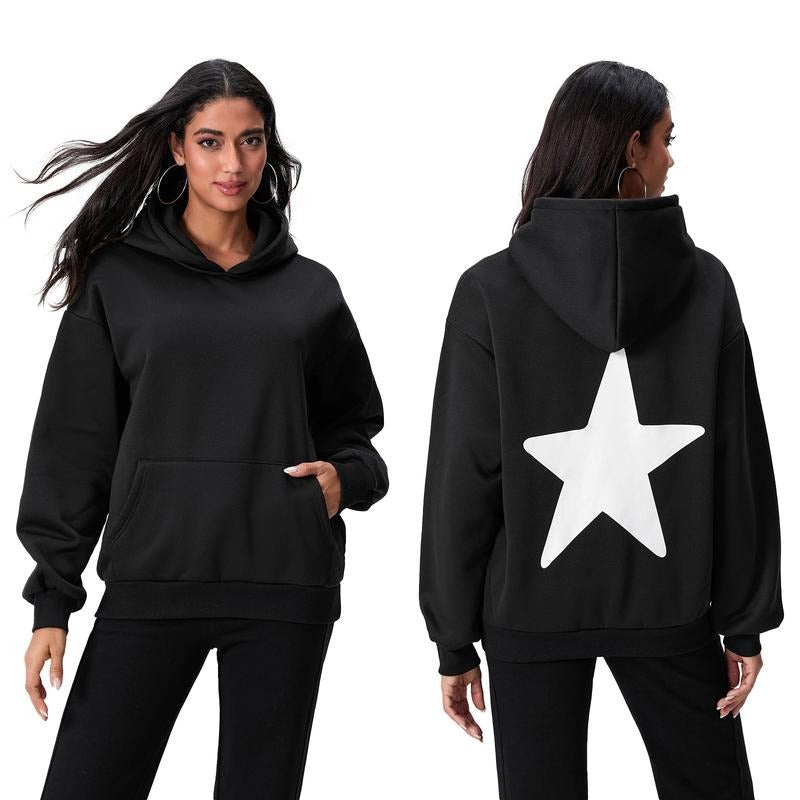 Women's Loose Hoodies Star Print Hooded Long Sleeve Sweatshirts Pullovers Fall Winter Casual Tops T-Shirts | HypeDripTees.com