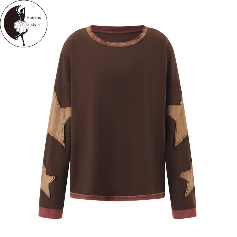 Women's Loose T-Shirt Star Patch Long Sleeve Crew Neck Tops Streetwear Hoodie, Sweatshirt | HypeDripTees.com