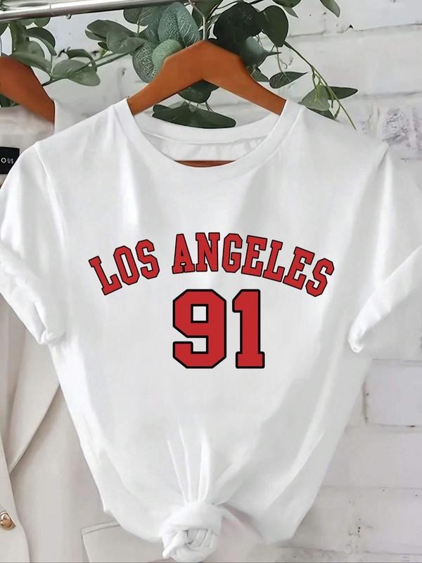 Women's Los Angeles Number 91 Print Round Neck Tee, Fashion Casual Crew Neck T-Shirt for Daily Holiday Vacation Outdoor...
