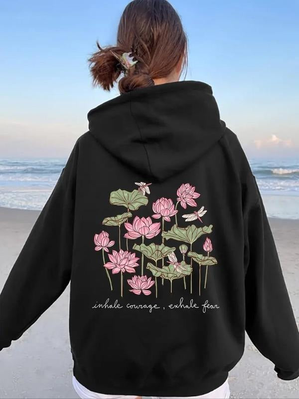 Women's Lotus & Letter Print Drawstring Pocket Hoodie, Casual Long Sleeve Hooded Sweatshirt for Fall & Winter, Women's...