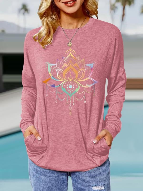 Women's Lotus Print Round Neck Long Sleeve Pullover, Casual Loose-Fit T-Shirt with Pockets, Comfortable Spring & Fall...