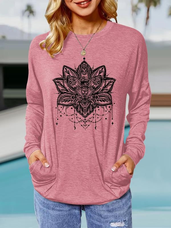 Women's Lotus Print Round Neck Long Sleeve Pullover, Casual Loose-Fit T-Shirt with Pockets, Comfortable Spring & Fall...