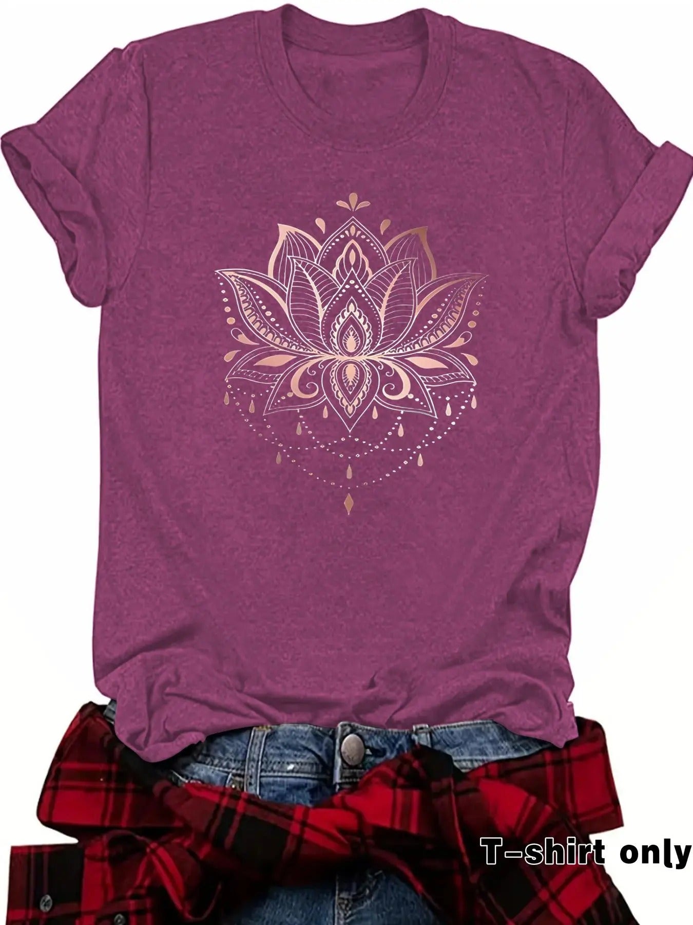 Women's Lotus Print Round Neck Tee, Casual Short Sleeve Crew Neck T-Shirt for Summer, Fashion Women's Top for Daily Wear...