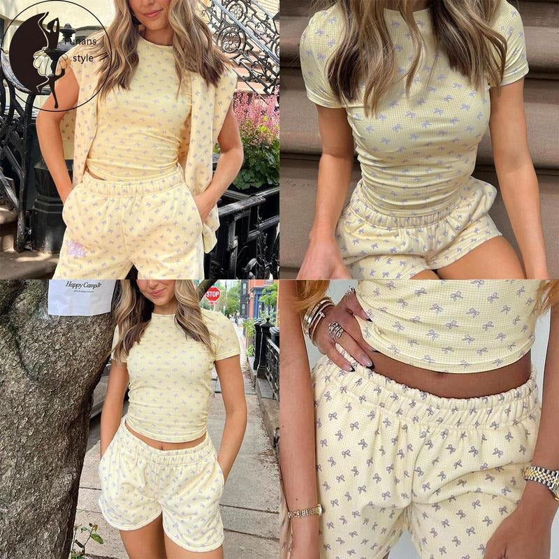 Women's Lounge Outfit, Floral Print Short Sleeve T-Shirt Elastic Waist Shorts with Pockets 2 Piece Set for Summer Hoodie,...