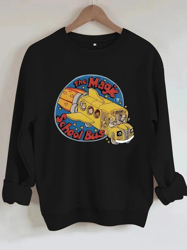Women's Magic School Bus Pattern Sweatshirt, Graduation Long Sleeve Top, Back-To-School Clothing, Casual Teacher, Fall &...