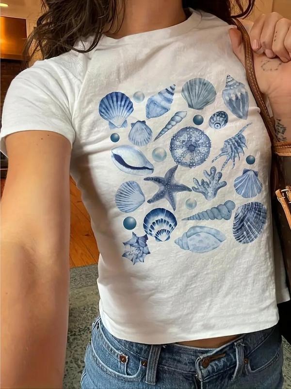 Women's Marine Life Print Round Neck Crop Tee, Casual Short Sleeve Crew Neck T-shirt for Summer, Fashion Women's Top for...