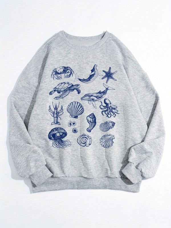 Women's Marine Life Print Thermal Lined  Sweatshirt, Casual Long Sleeve Round Neck Pullover for Fall & Winter, Ladies...