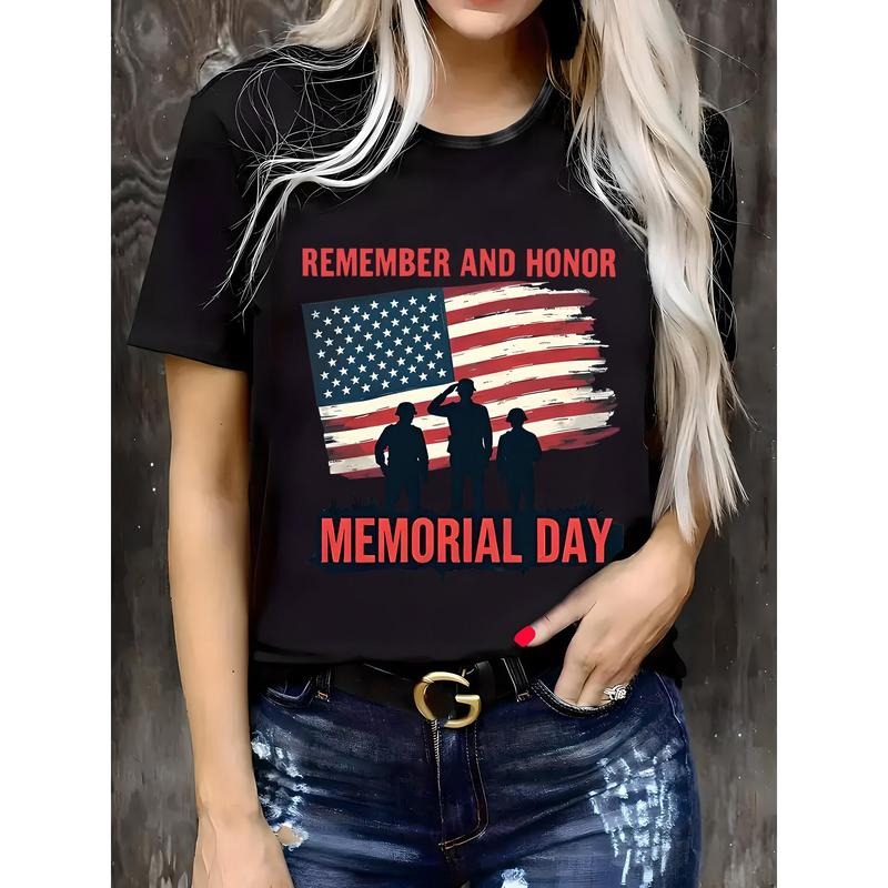 Women's Memorial Day Graphic T-shirt-Patriotic Design with American Flag and Soldier Silhouette, Breathable Short Sleeve,...