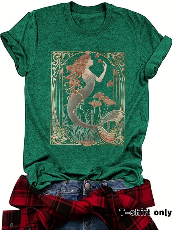 Women's Mermaid Print Round Neck Tee, Casual Short Sleeve Crew Neck T-Shirt for Summer, Fashion Women's Top for Daily...