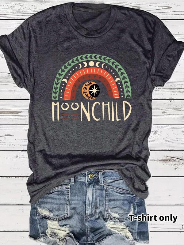 Women's Moon & Letter Print Round Neck Tee, Casual Short Sleeve T-shirt for Daily Wear, Ladies Summer Hoodie, Sweatshirt