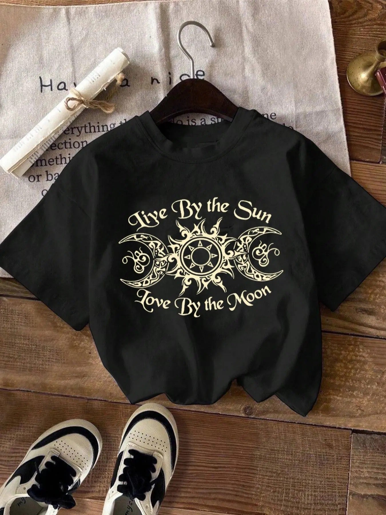 Women's Moon & Sun Print Round Neck Tee, Trendy Casual Drop Shoulder Short Sleeve T-shirt for Daily Wear, Ladies All...