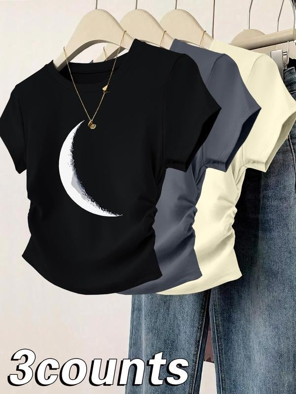 Women's Moon Print Round Neck Tee, Casual Short Sleeve Crew Neck T-shirt for Daily Wear, Ladies Clothes for All Seasons,...