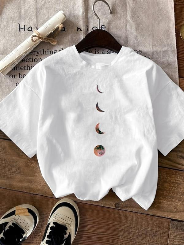 Women's Moon Print Round Neck Tee, Fashion Casual Drop Shoulder Short Sleeve T-shirt, Ladies Summer Clothes for Daily...