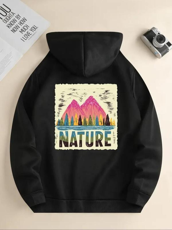 Women's Mountain & Letter Print Drawstring Hoodie, Casual Comfy Nature Hooded Sweatshirt for Daily Holiday Outdoor Wear,...