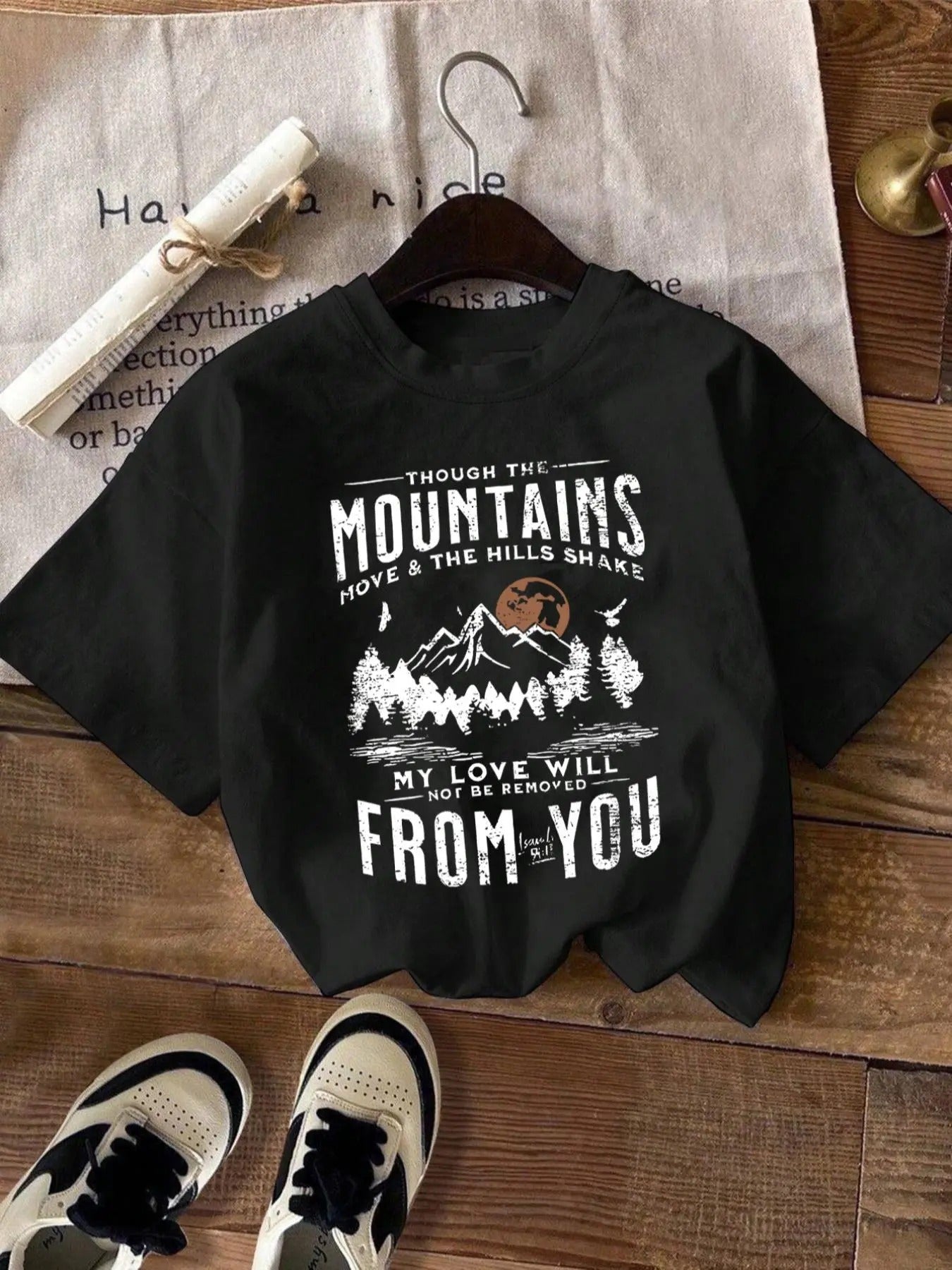 Women's Mountain & Letter Print Round Neck Tee, Trendy Casual Drop Shoulder Short Sleeve T-shirt for Daily Wear, Ladies...
