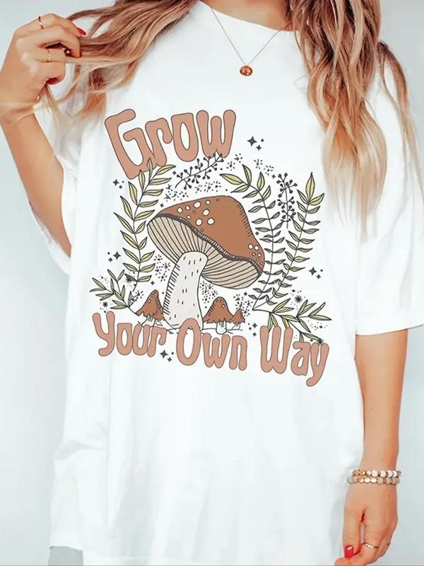 Women's Mushroom & Letter Print Round Neck Tee, Casual Half Sleeve Crew Neck T-shirt for Summer, Fashion Women's Top for...