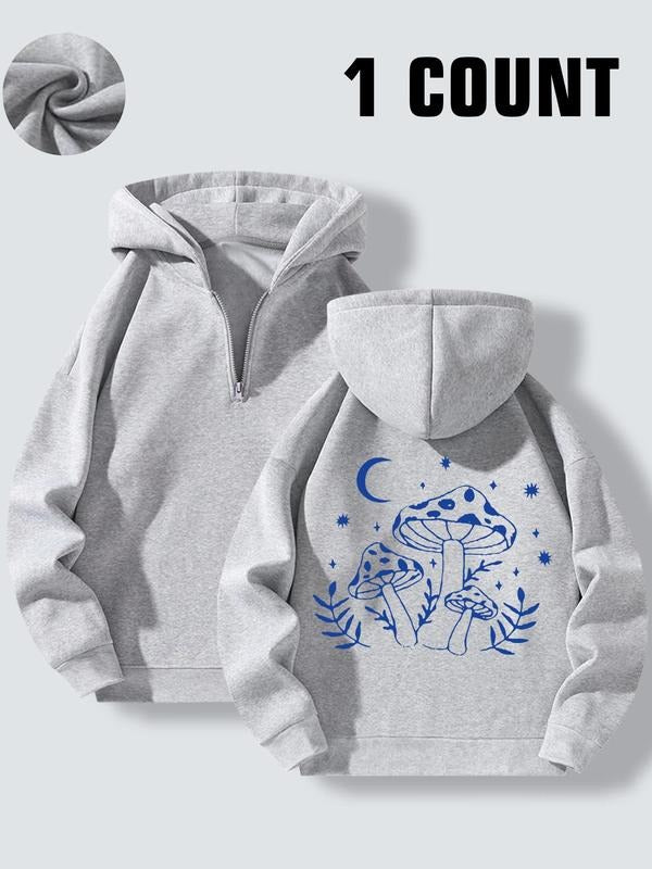 Women's Mushroom Print Drop Shoulder Zip Up Hoodie, Fashion Casual Long Sleeve Hooded Sweatshirt for Daily Holiday...