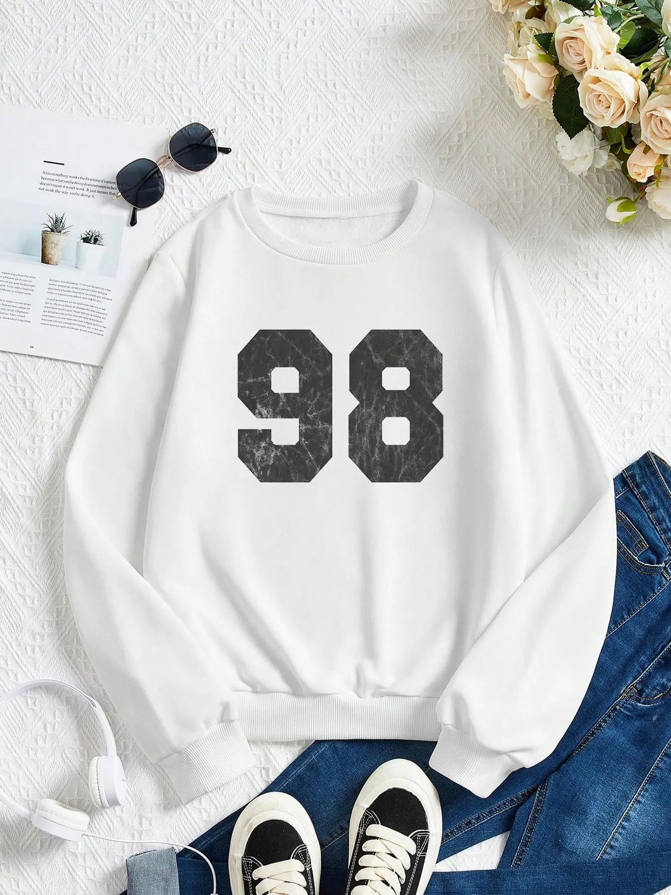 Women's Number "98" Print Drop Shoulder Sweatshirt, Casual Long Sleeve Round Neck Pullover for Fall & Winter, Women's...