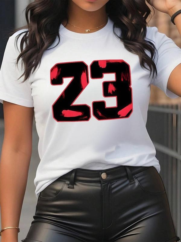 Women's Number 23 Print Round Neck Tee, Fashion Casual Short Sleeve T-shirt for Daily Wear, Ladies Summer Clothes Hoodie,...