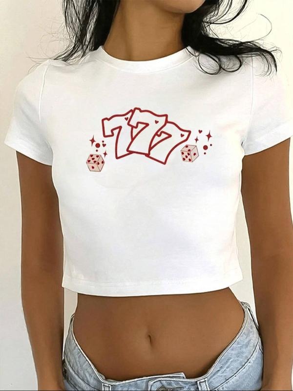 Women's Number Print Round Neck Crop Tee, Y2K Casual Short Sleeve Crew Neck T-Shirt for Summer, Fashion Women's Top for...