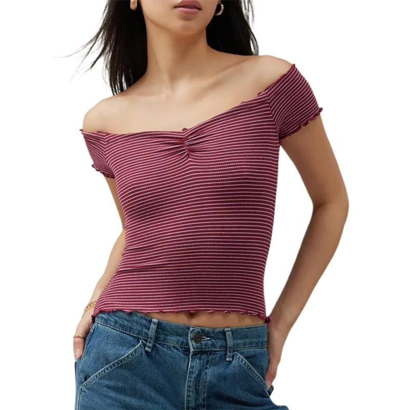 Women's Off Shoulder Crop Tops Stripe Pattern Boat Neck Short SleeveFit Summer T-Shirts Hoodie, Sweatshirt | HypeDripTees.com