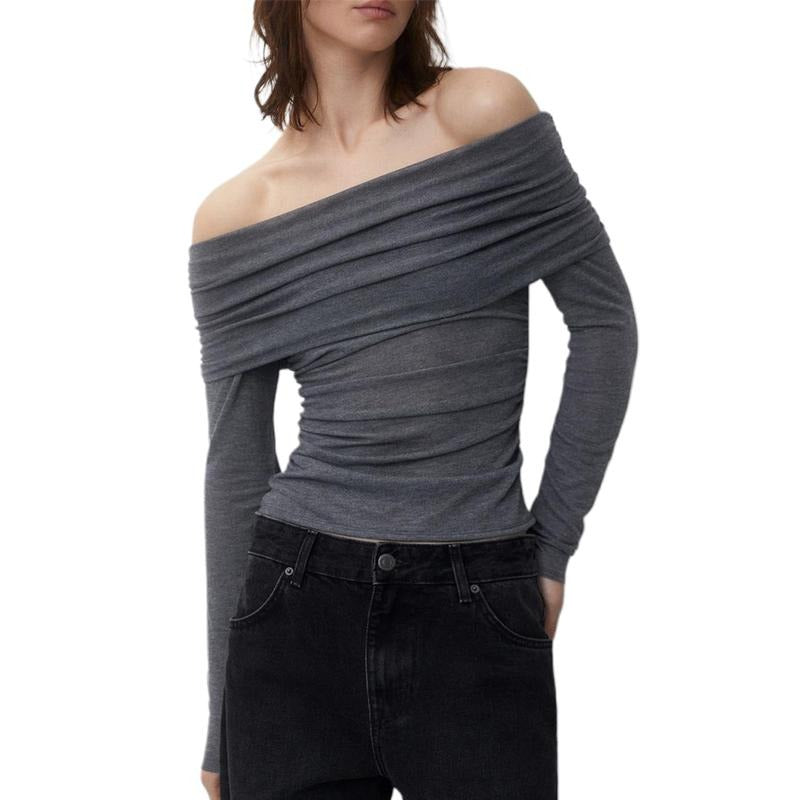 Women's Off Shoulder Cropped Tops Solid Color Long Sleeve Boat Neck RuchedFit T-Shirts Hoodie, Sweatshirt | HypeDripTees.com