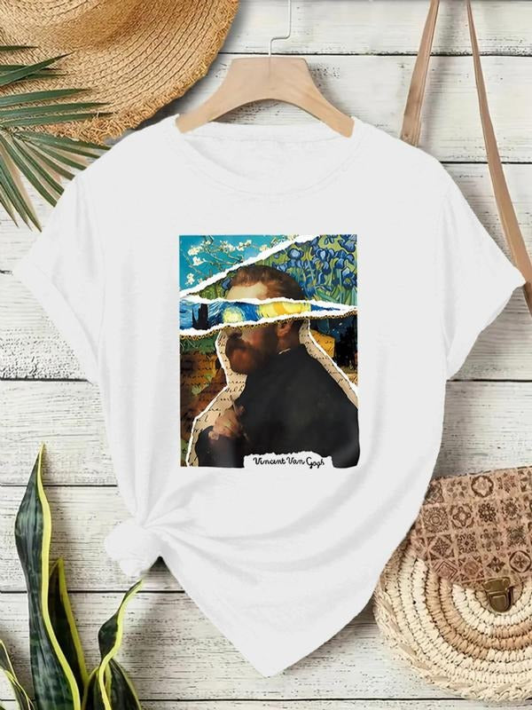 Women's Oil Painting Print Round Neck Tee, Vintage Trendy Casual Short Sleeve T-shirt for Daily Wear, Ladies Summer Top...