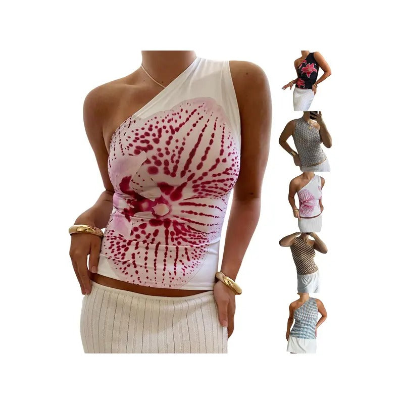 Women's One Shoulder Tops Slim Flower Print Slash Neck Backless Sleeveless Crop Shirt for Summer Lady Polyester Hoodie,...