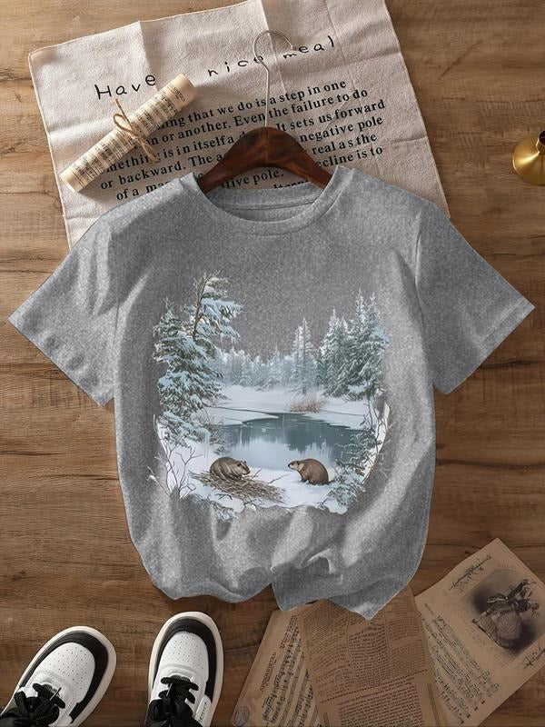 Women's Otter & Snow Landscape Print Round Neck Tee, Casual Short Sleeve T-shirt for Summer, Ladies Clothes for Daily...