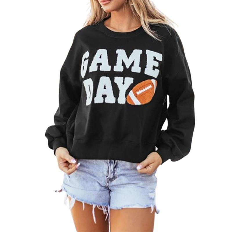 Women's Oversized Sweatshirt Football Letter Embroidered Long Sleeve Round Neck Casual Pullover Tops T-Shirts, Hoodie