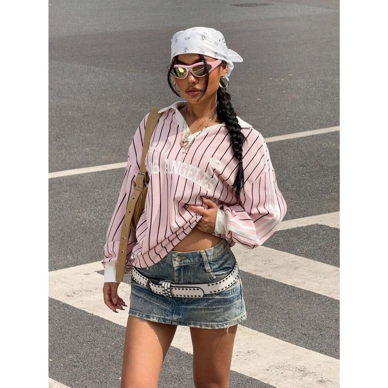 Women's Oversized Tees Striped Letter Print Y2k Jersey T Shirt Collar V Neck Long Sleeve Loose Tops Hoodie, Sweatshirt