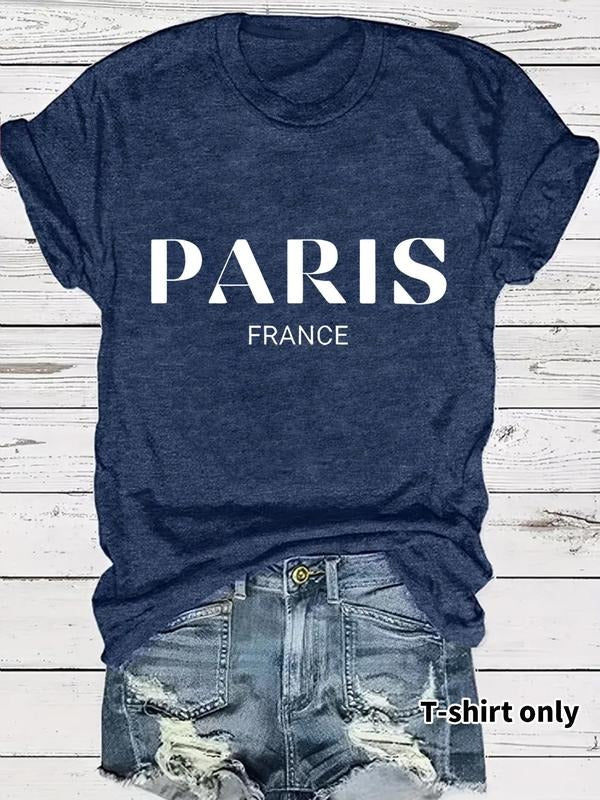 Women's Paris Print Round Neck Tee, Casual Short Sleeve Crew Neck T-Shirt for Spring, Fashion Women's Top for Daily Wear...
