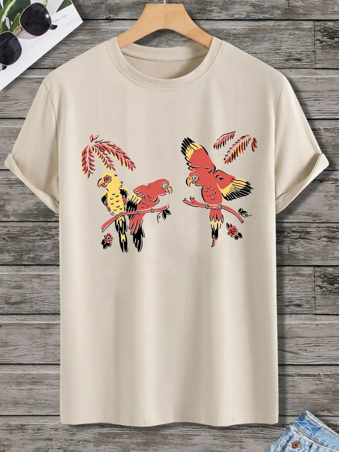 Women's Parrot Print Round Neck Graphic Tee, Vintage Trendy Casual Short Sleeve T-shirt For Daily Wear, Ladies All...