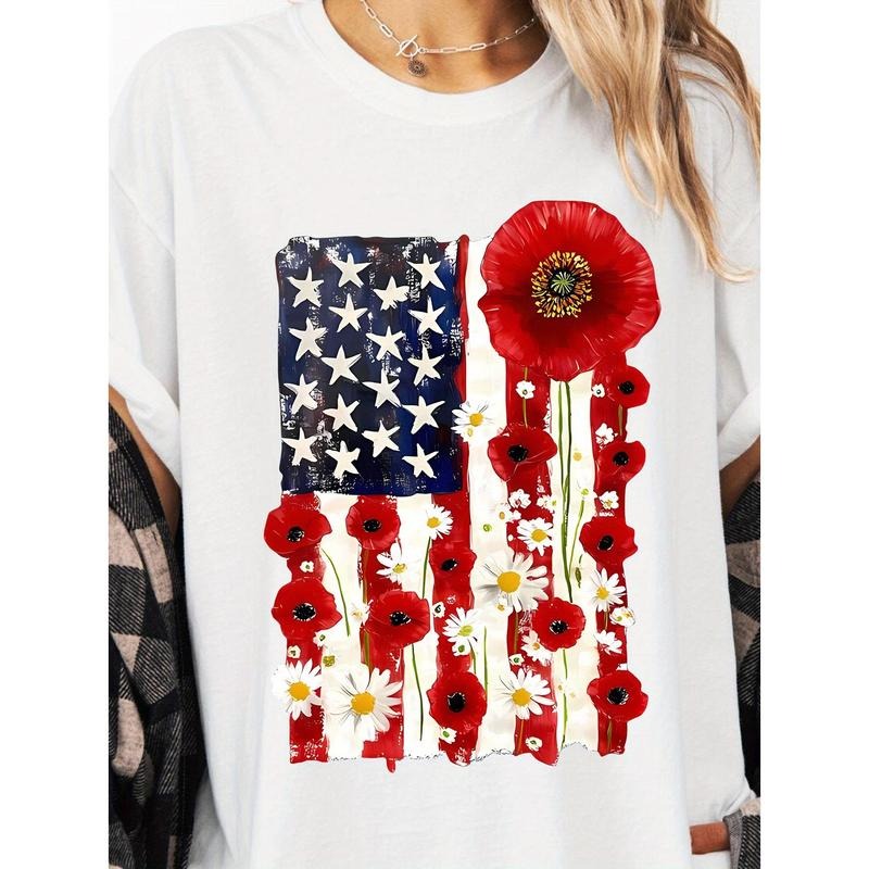 Women's Patriotic American Flag Floral T-Shirt