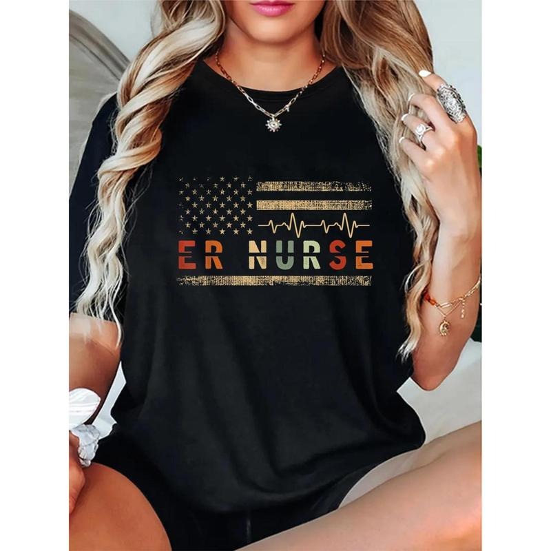 Women's Patriotic ER Nurse Graphic Tee - American Flag & Heart Design Vintage Look Glossy Finish T-Shirt, Casual Round...