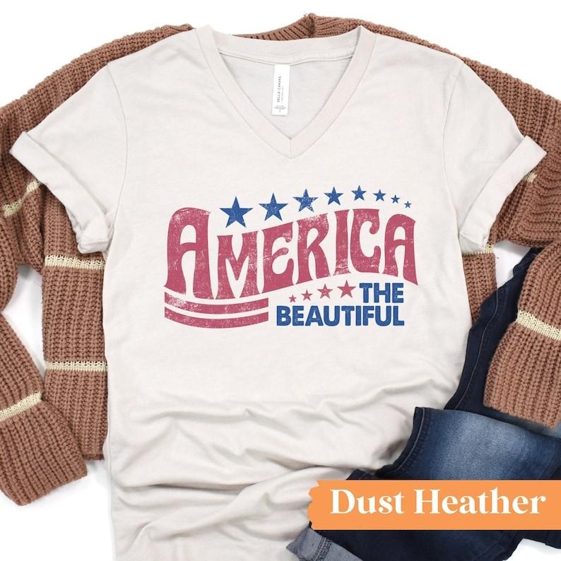 America the Beautiful VNeck Graphic Tee / Patriotic VNeck Shirt / 4th of July V-Neck / Women's 4th of July Shirt /...