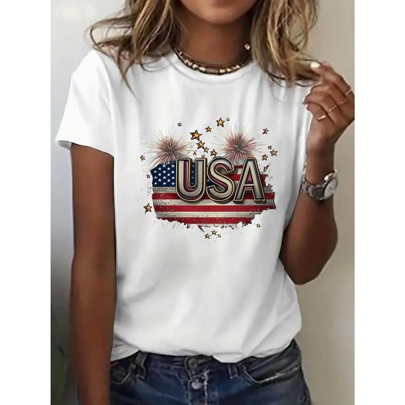 Women's Patriotic USA Flag Graphic Crew Neck T-Shirt - Lightweight Breathable Polyester-Spandex Blend, Regular Fit Casual...