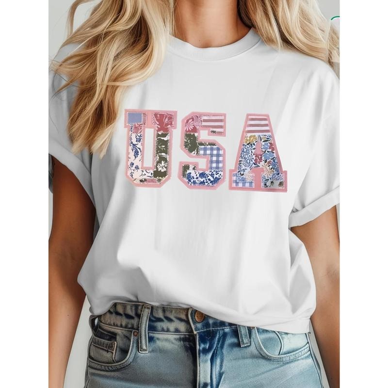 Women's Patriotic USA Flag Letter Print T-Shirt - Soft Casual Short Sleeve Round Neck Tee for 4th of July, Memorial Day,...