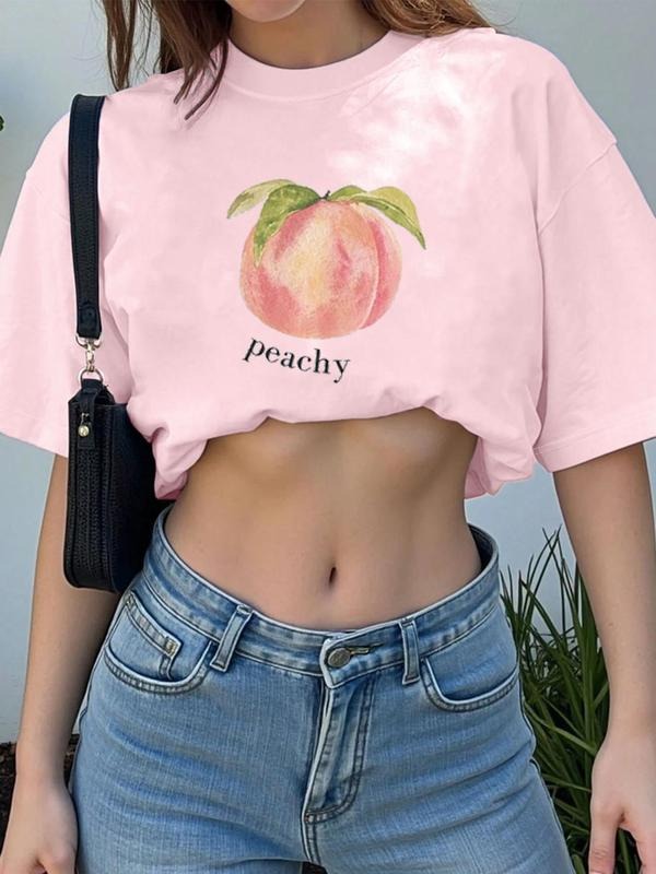 Women's Peach & Letter Print Round Neck Tee, Fashion Casual Crew Neck T-Shirt for Daily Holiday Vacation Outdoor Wear,...