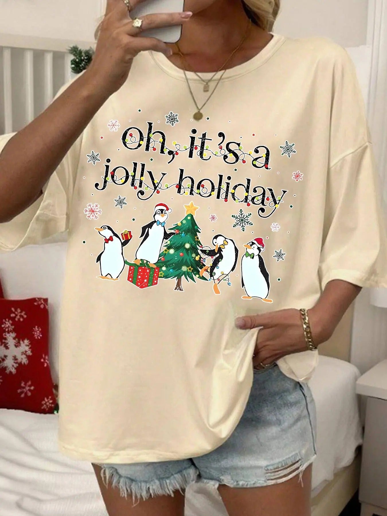Women's Penguin & Letter Print Round Neck Tee, Casual Short Sleeve Crew Neck T-shirt for Fall & Winter, Women's Top for...