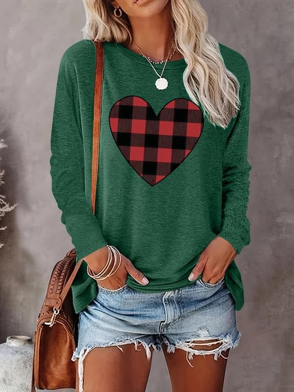 Women's Plaid Heart Print Round Neck T-shirt, Casual Long Sleeve Crew Neck Tee for Fall & Winter, Women's Clothes for...