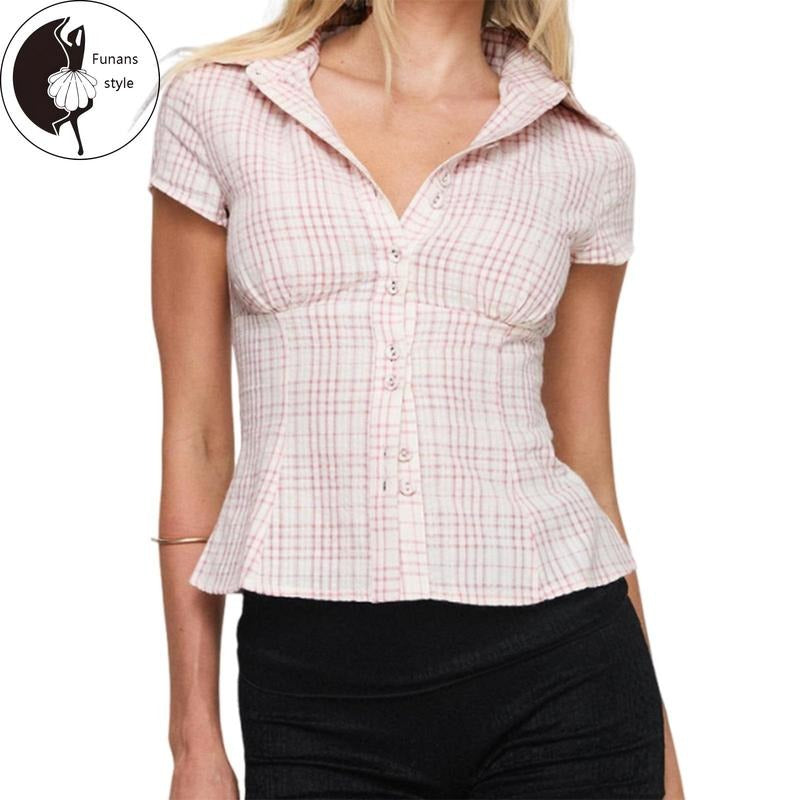 Women's Plaid Shirt Button-up Short Sleeve CollaredFit Casual Summer Blouse Tops Hoodie, Sweatshirt | HypeDripTees.com