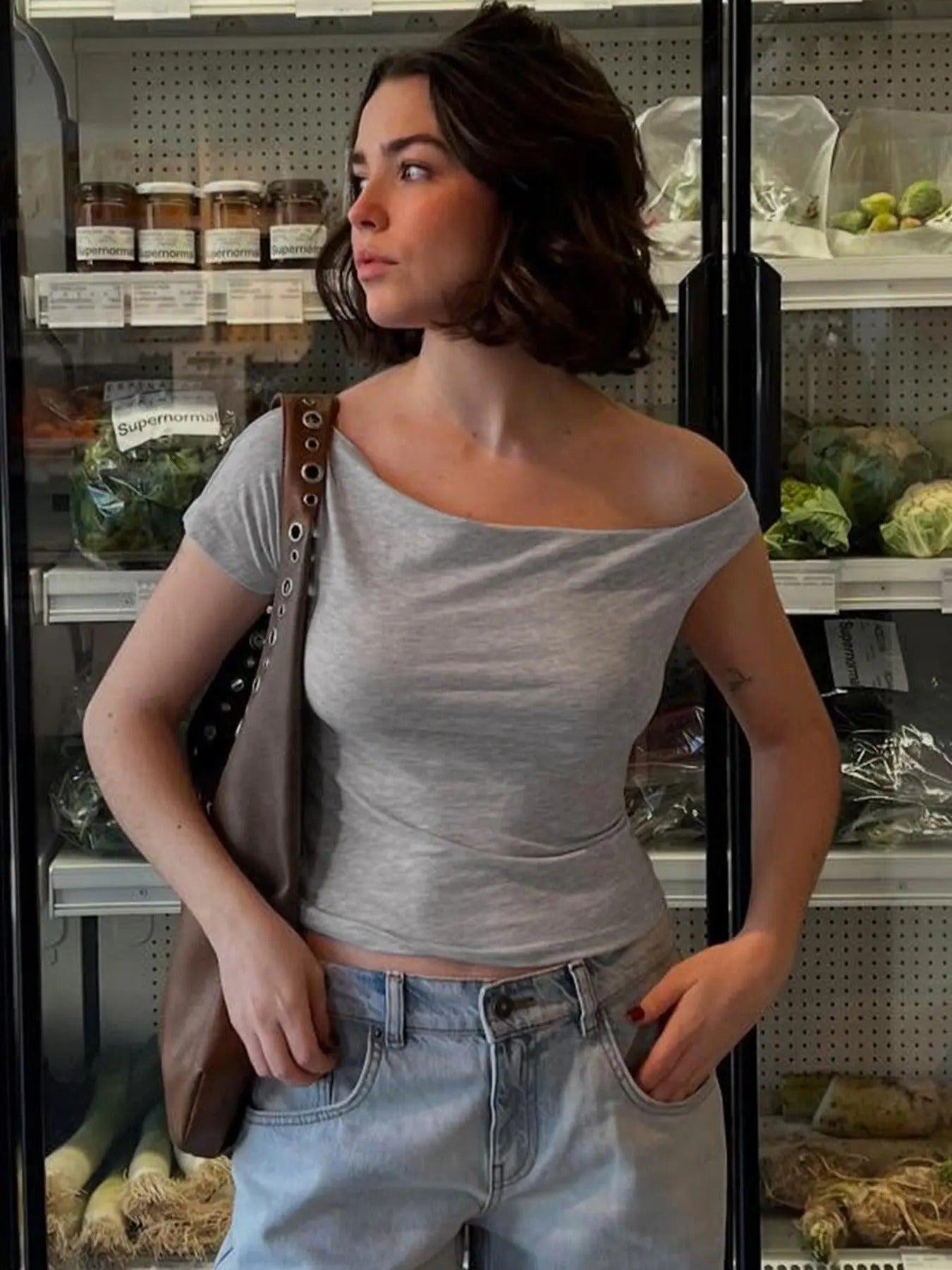 Women's Plain Asymmetrical Neck Tee, Casual Short Sleeve T-shirt for Summer, Women's Top for Daily Wear Hoodie, Sweatshirt
